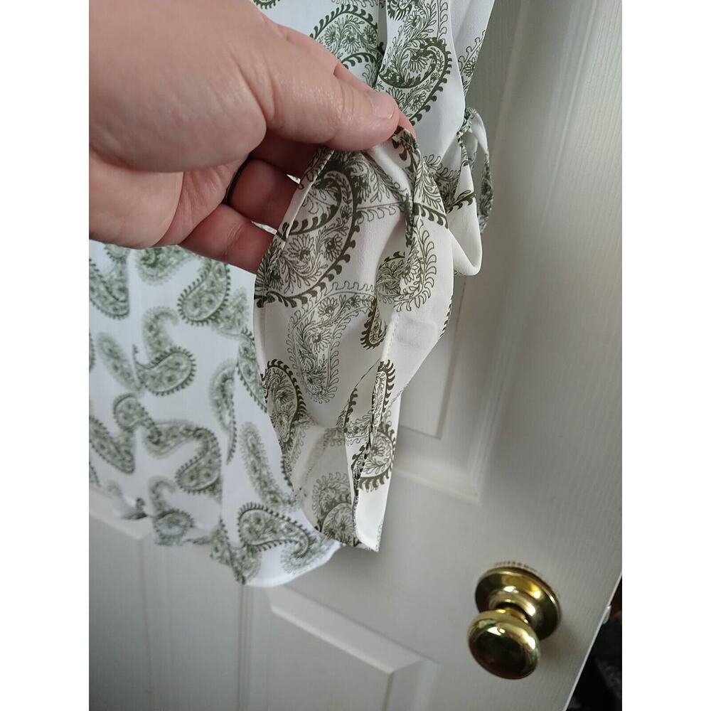 41Hawthorn Green White Paisley V Neck Belle Flare Tie Sleeves Sheer. Size M - Picture 6 of 11